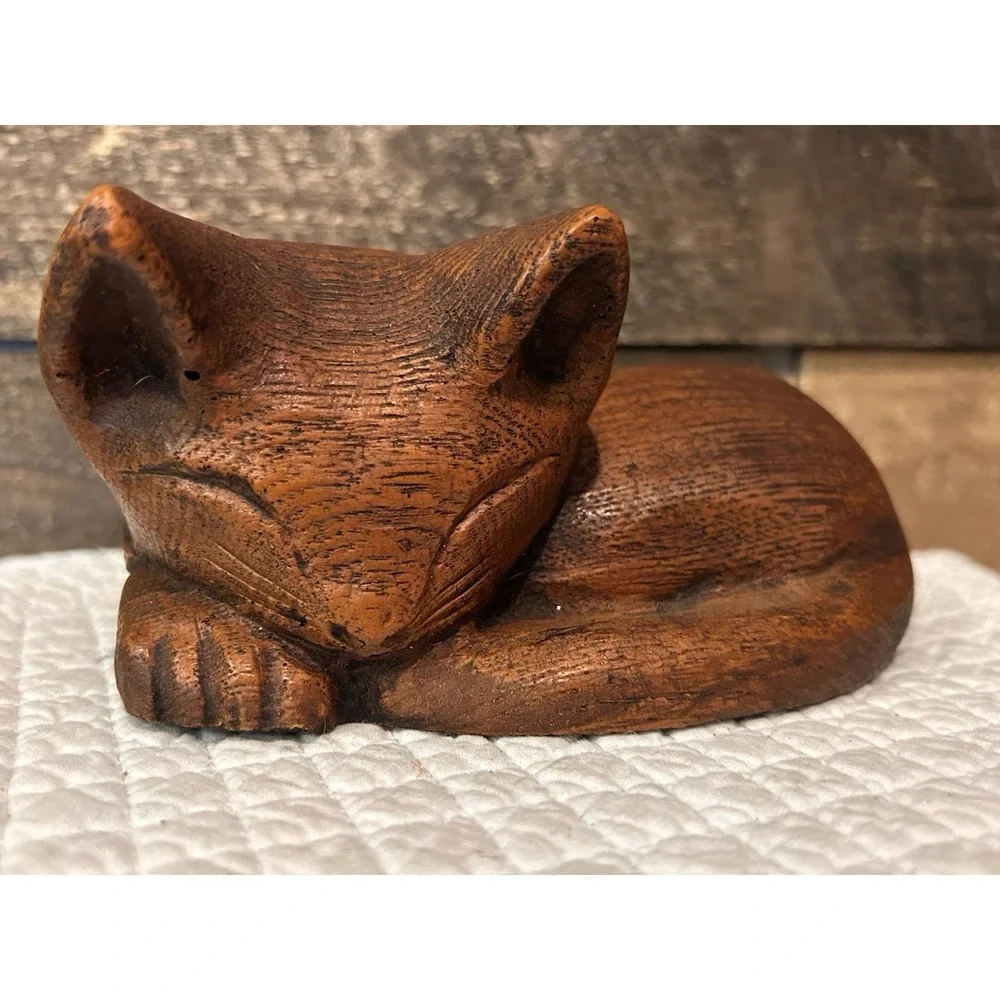Vintage Midcentury Modern Sleeping‎ Cat Wooden Figurine Sculpture